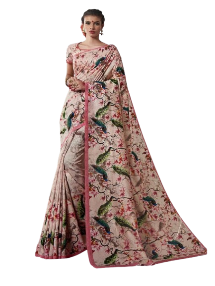 Blush Pink Peacock & Floral Digital Printed Saree
