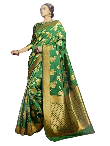 Emerald Green Musical Motif raw Silk Brocade Saree