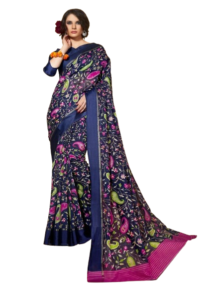 Blue Saree with Magenta & Lime Paisley Digital Print