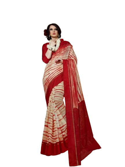Red & Cream Contemporary Stripe Printed Saree with Solid Border