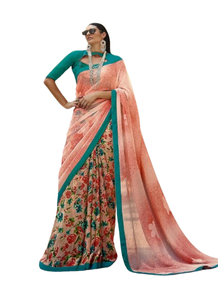 Peach Floral with Teal Border Georgette Saree