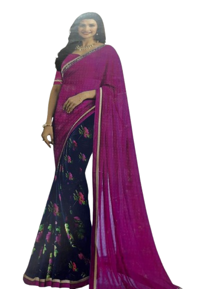 Magenta & Navy Floral Half-and-Half Georgette Saree