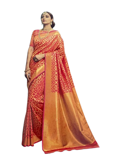 Bridal Red & Gold Zari Jaal Raw Silk Brocade Saree
