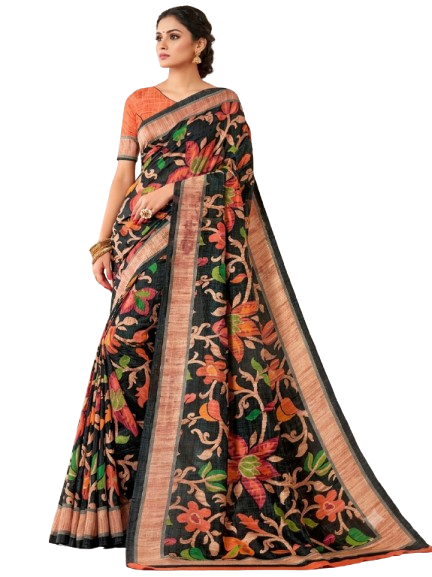 Black Kalamkari Floral Printed Silk Saree