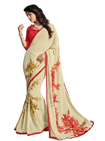 Elegant Cream Floral georgette Saree with Red Piping & Blouse