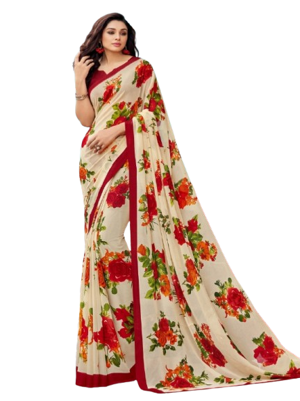 Off-White & Maroon Rose Floral Printed Georgette Saree