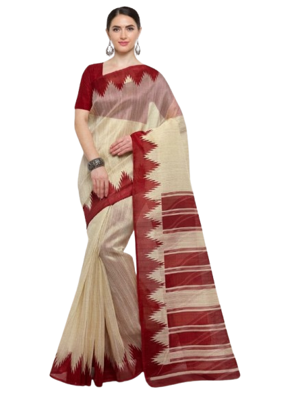 Beige & Crimson Maroon Temple Border Tussar Silk Saree