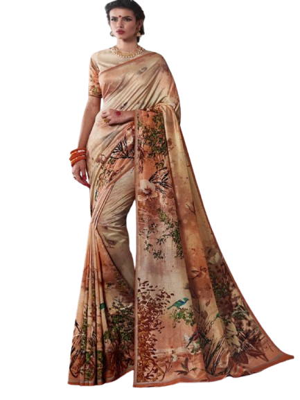 Beige & Rust Vintage Botanical Printed Saree