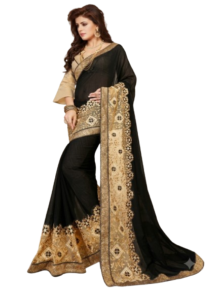 Royal Black & Antique Gold Cutwork Lace Saree