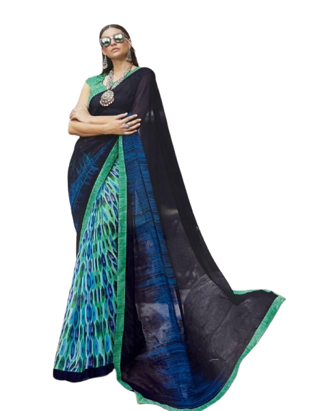 Black & Peacock Abstract Wave Georgette Saree