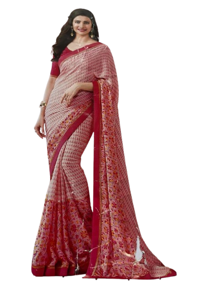 Coral Pink Geometric & Floral Georgette Saree