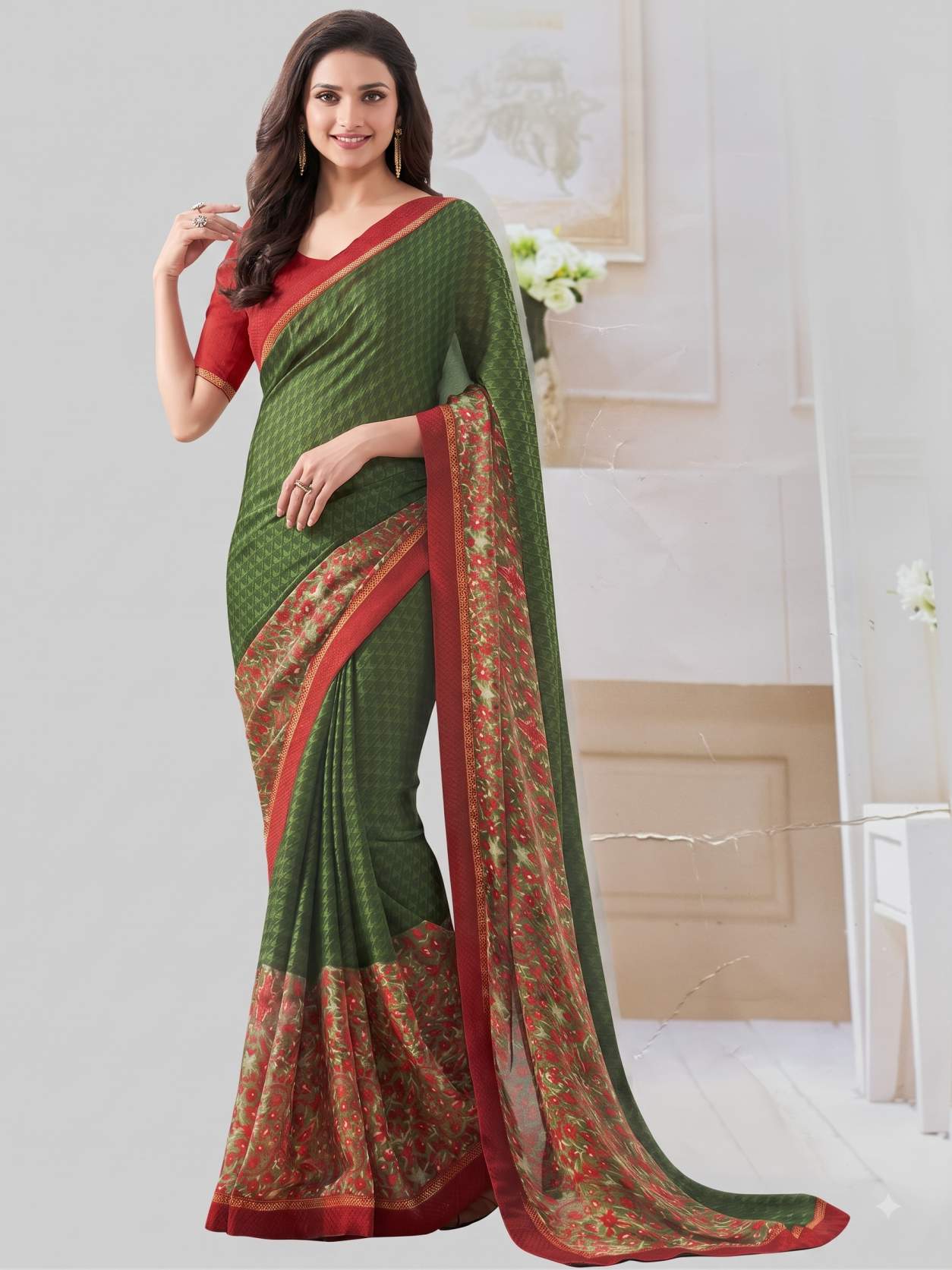 Olive Green Geometric & Red Floral Georgette Saree