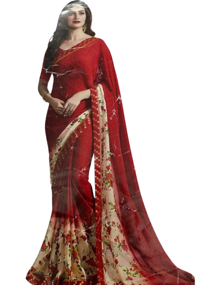 Crimson Red & Cream Floral Georgette Saree