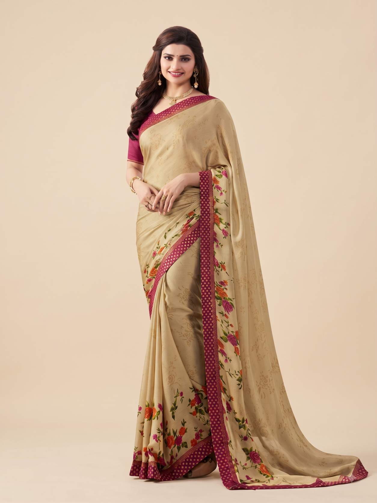 Beige & Maroon Floral Border Satin Georgette Saree