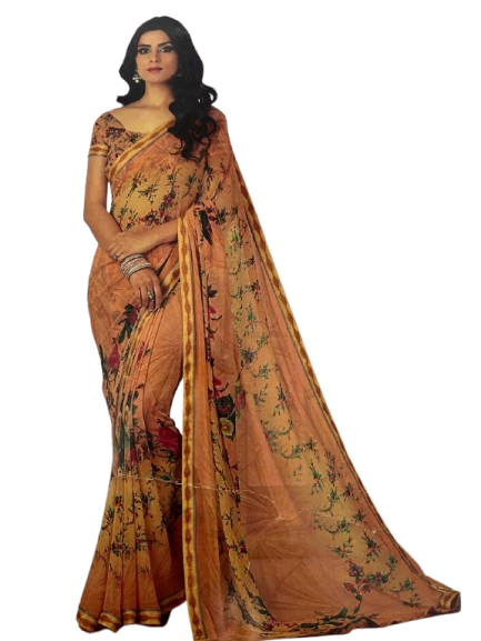 Apricot Peach Delicate Floral Georgette Saree
