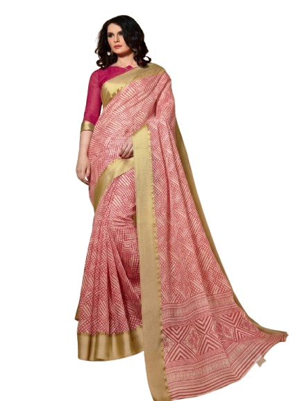 Rose Pink Printed kota Saree with Gold Zari Border
