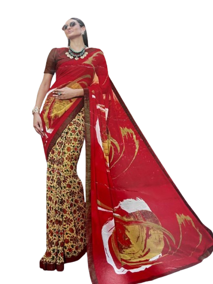 Crimson Red & Abstract Cream Floral Georgette Saree