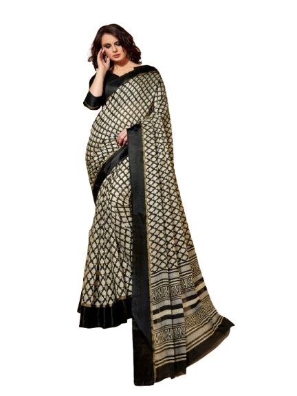 Classic Black & Cream Geometric Lattice Printed Saree